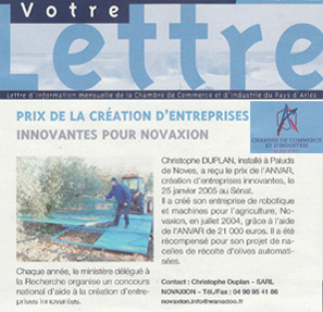 Lettre CCI - Prix de la création d'entreprises innovantes pour Novaxion